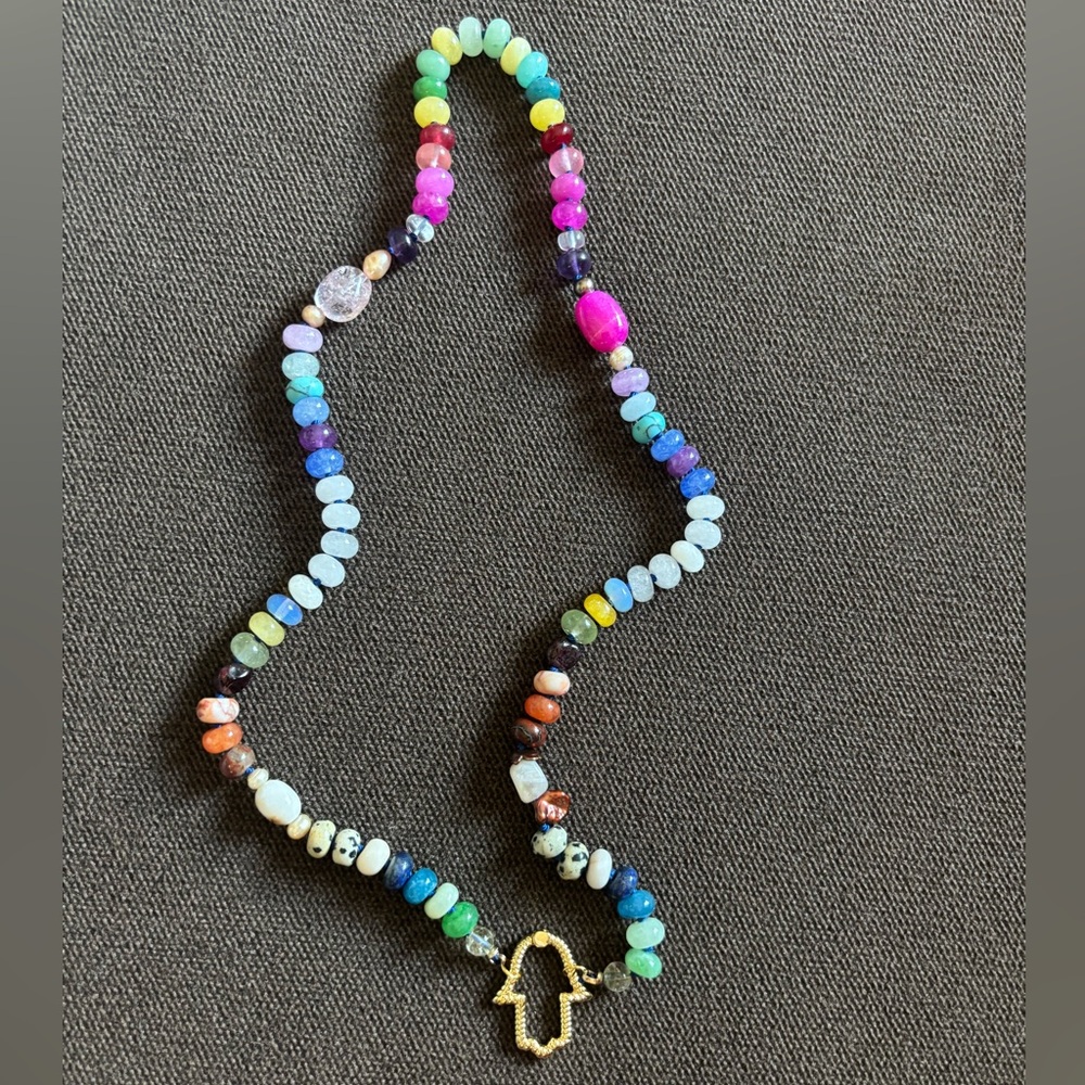 Natural rainbow hand knotted gemstone necklace with 18kt plated charm